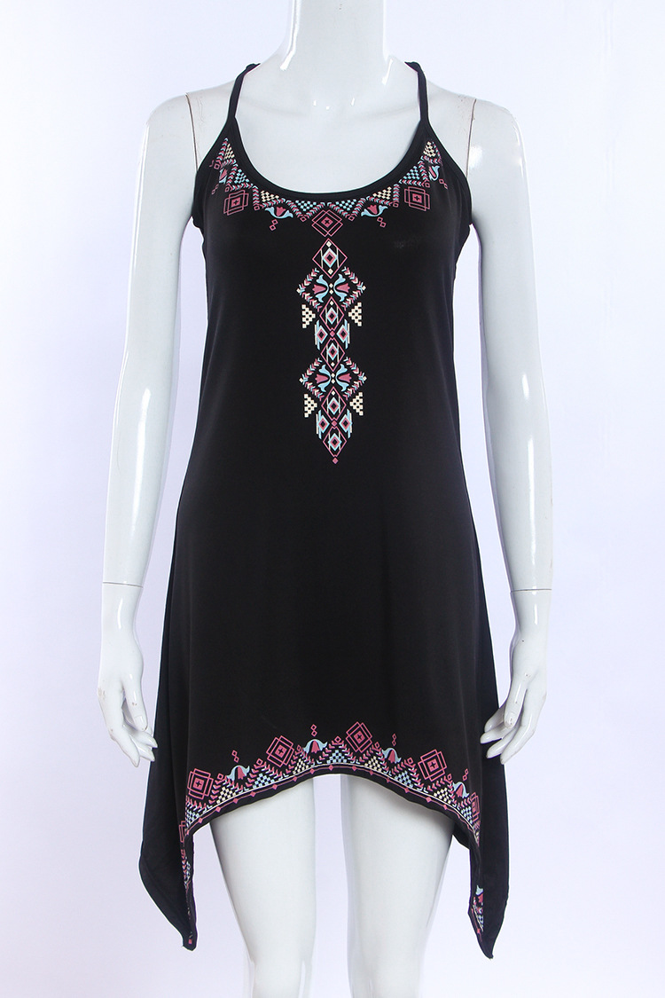 W25031 Black Keyhole Back Tribe Print Asymmetric Cami Dress